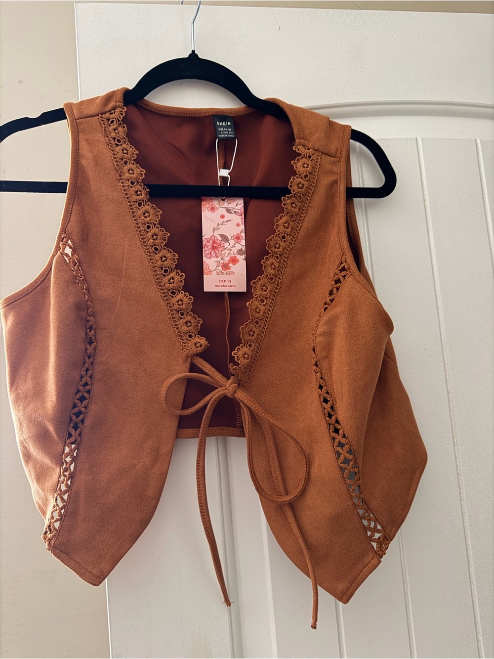 SHEIN Rust Brown Lace-Trim Faux-Suede Tie-Front vest